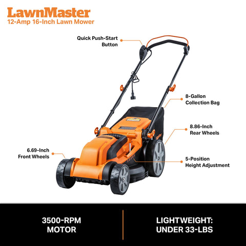 LawnMaster MEB1216K eight-point-eight-six-inch rear wheels for smooth navigation