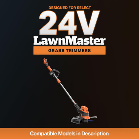 LawnMaster spool installation guide showing easy tab release and line threading.