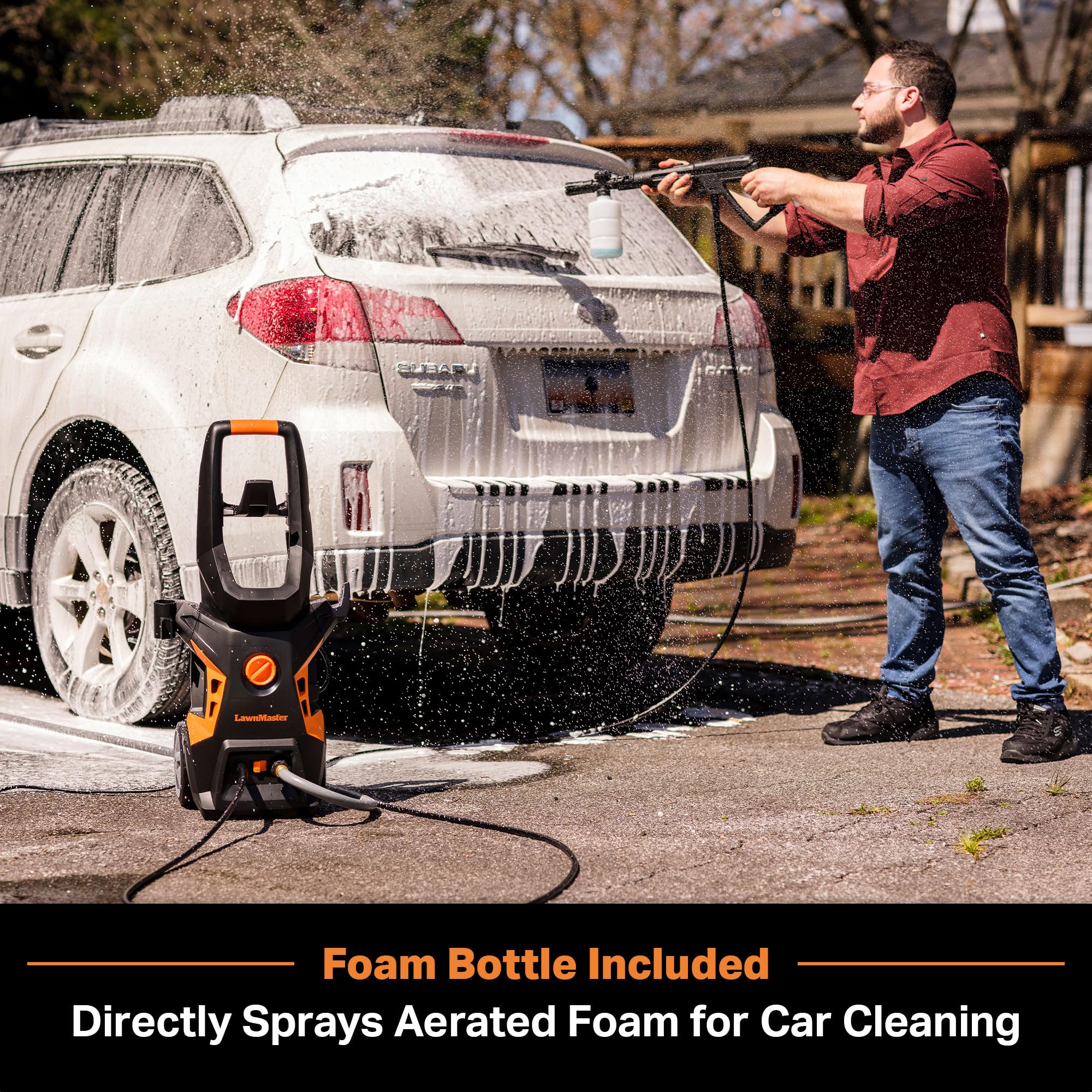 LawnMaster spray gun and hose enabling controlled, thorough cleaning.