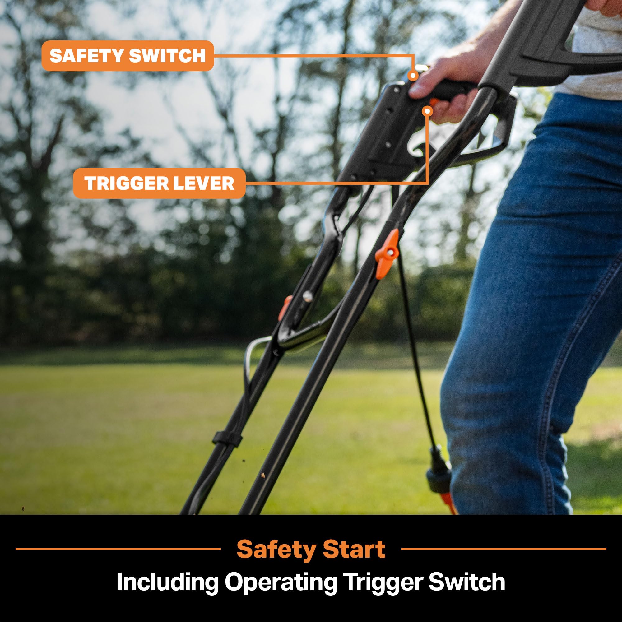 LawnMaster TE1216M adjustable transit wheel shows three-position depth and easy transport