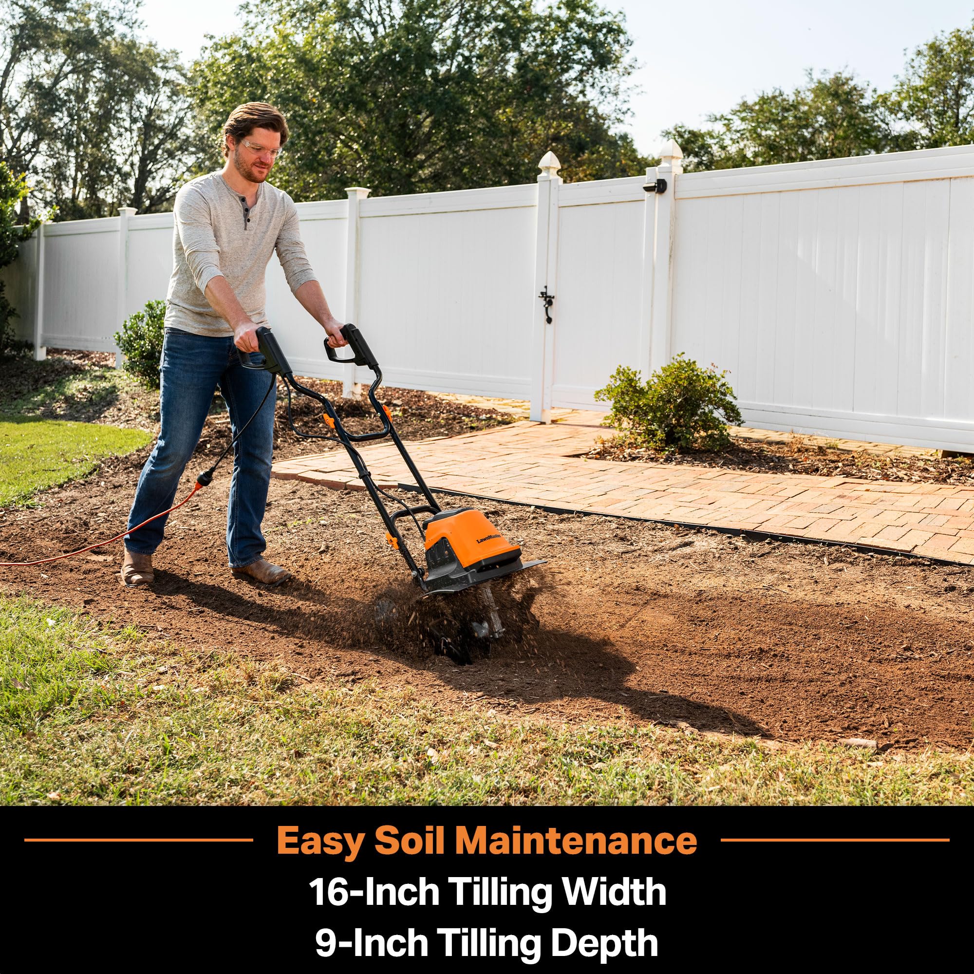 LawnMaster TE1216M blades closeup emphasizes six rust-resistant blades for tough soil