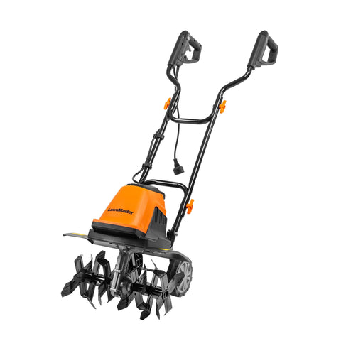 LawnMaster TE1216M front view highlighting portable power for quick soil prep