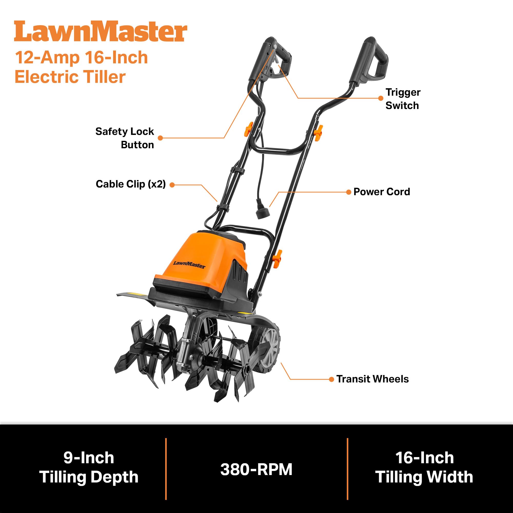 LawnMaster TE1216M in-use on soil demonstrates efficient bed preparation