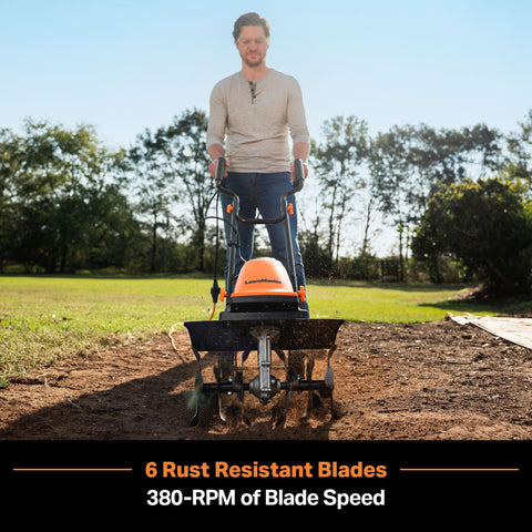 LawnMaster TE1216M side view shows ergonomic design for comfortable tilling sessions