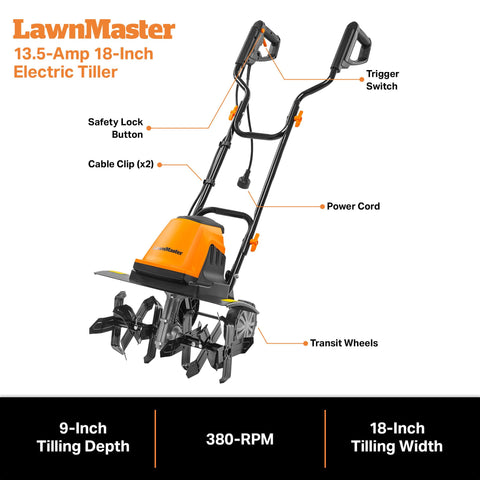 LawnMaster TE1318M adjustable wheels for depth control and transport