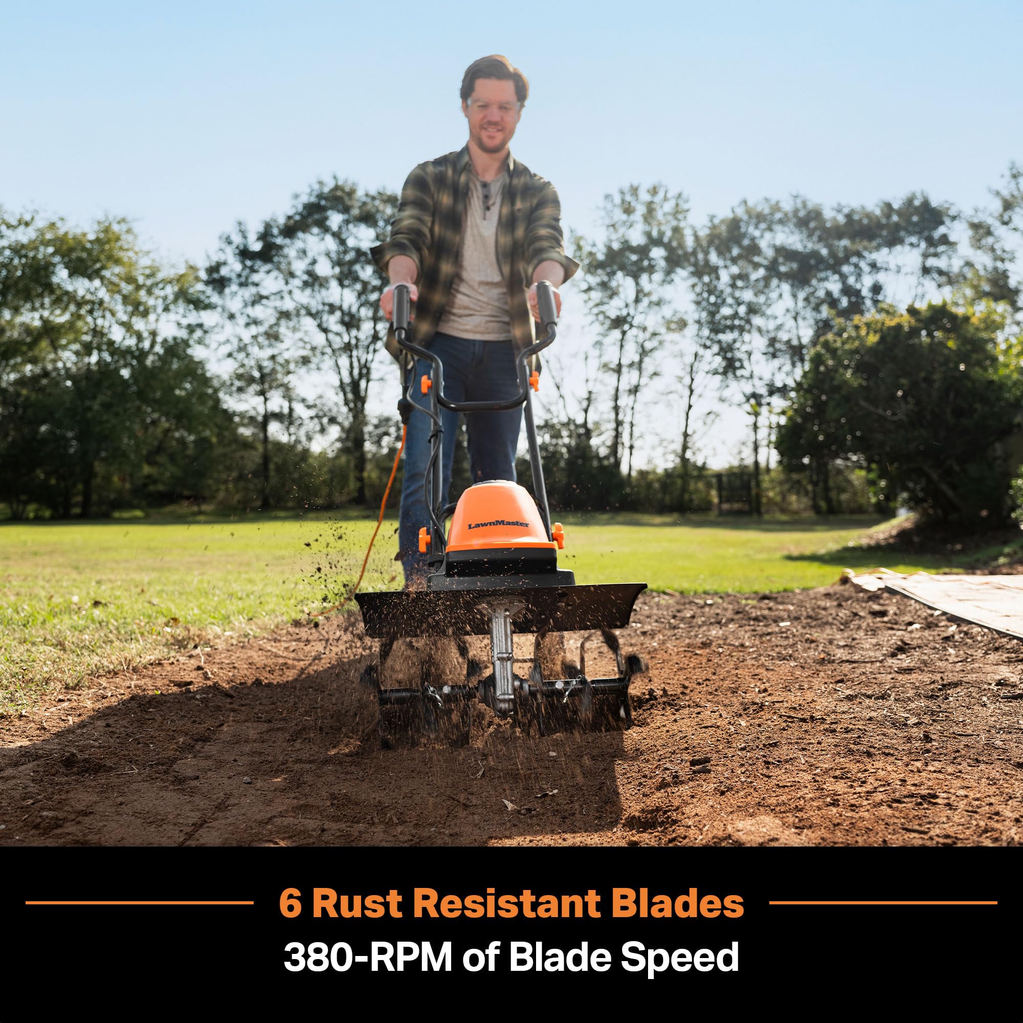LawnMaster TE1318M blades exposed for robust soil cultivation