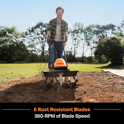 LawnMaster TE1318M blades exposed for robust soil cultivation
