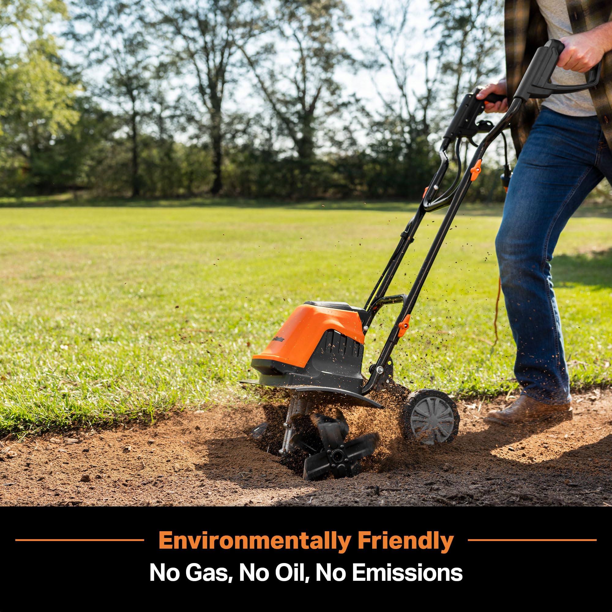 LawnMaster TE1318M tilling action covering soil efficiently