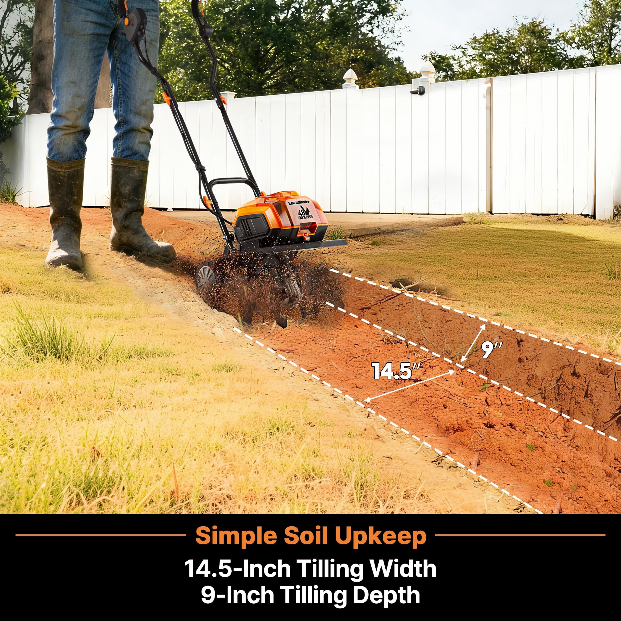 LawnMaster lightweight tiller under 27 pounds for easy maneuvering