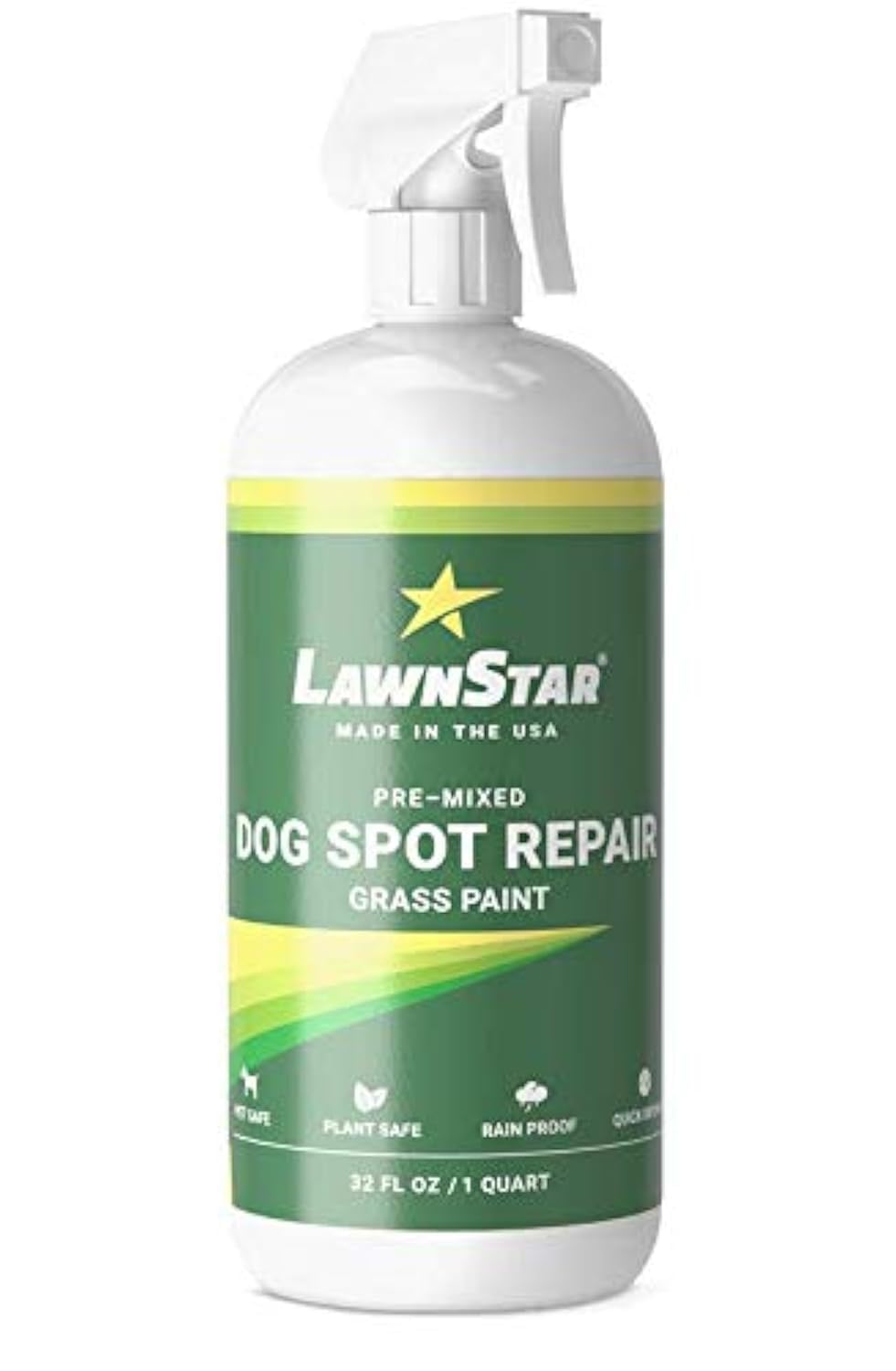 LawnStar Dog Spot Repair Grass Paint bottle demonstrates ready-to-spray touch-ups for brown spots.