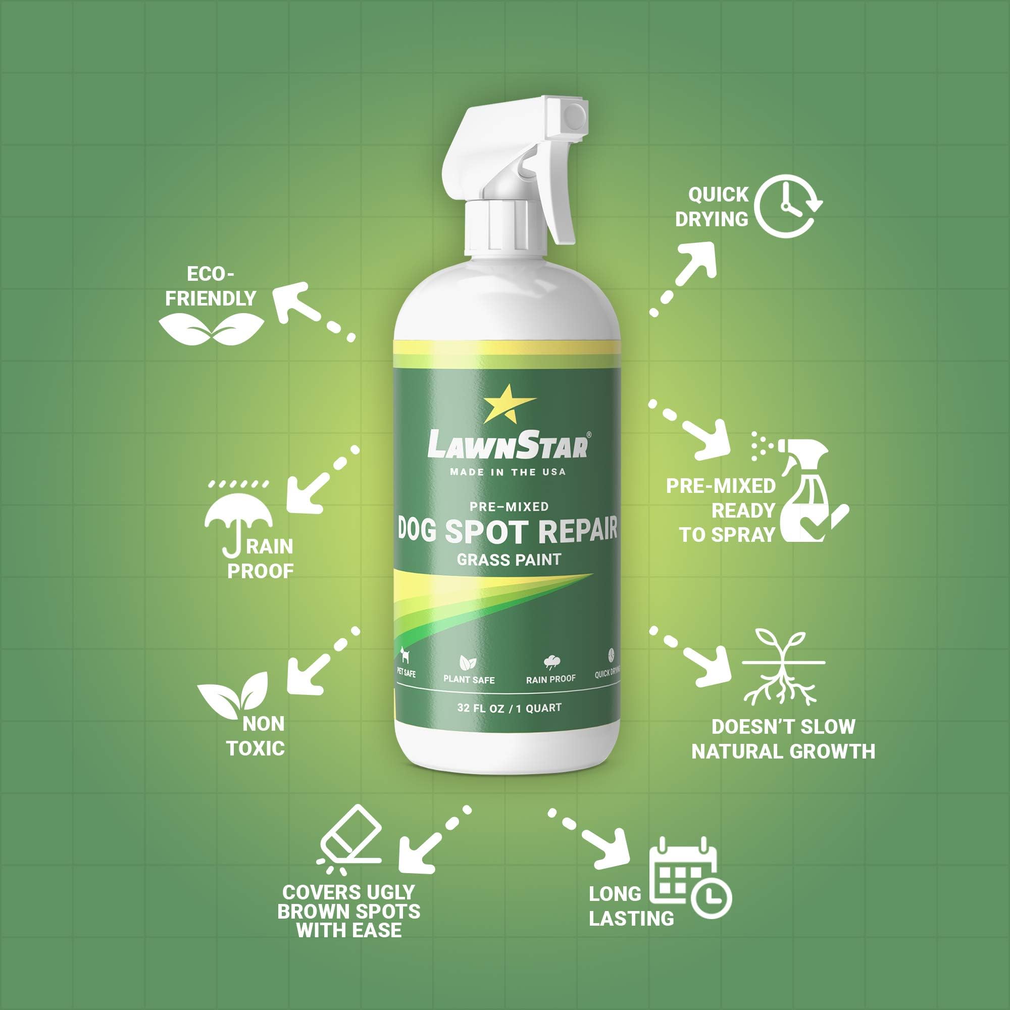LawnStar Dog Spot Repair Grass Paint made-in-usa seal emphasizes USA-made quality.
