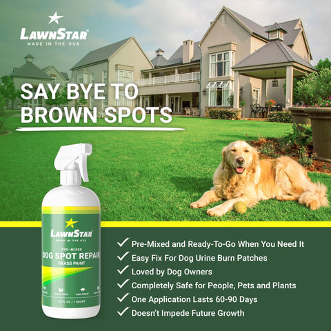 LawnStar Dog Spot Repair Grass Paint safety-closeup references kid and pet-friendly formula.