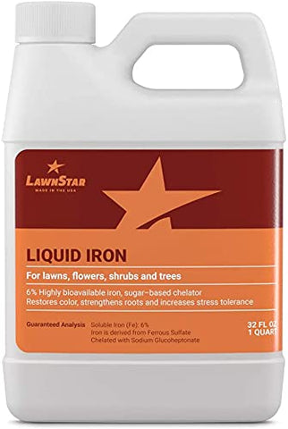 LawnStar Liquid Iron 32oz bottle ready for soil treatment to restore lawn and plant color