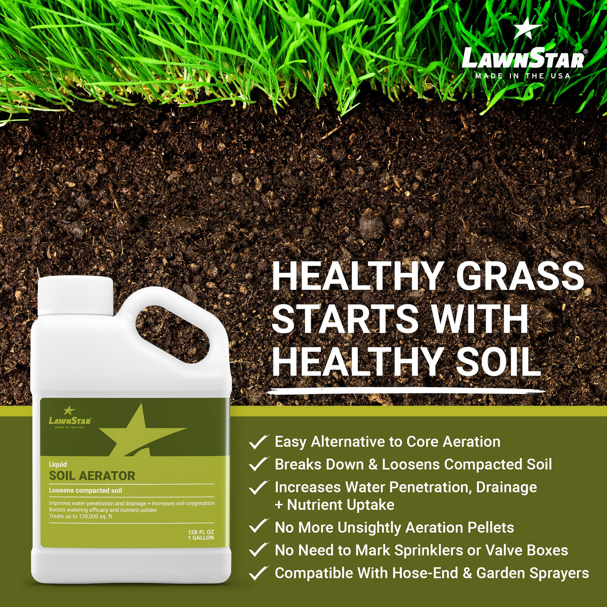 LawnStar Liquid Lawn Aerator dispensing onto turf for quick soil conditioning.