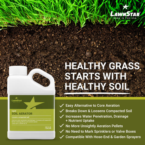 LawnStar Liquid Lawn Aerator dispensing onto turf for quick soil conditioning.