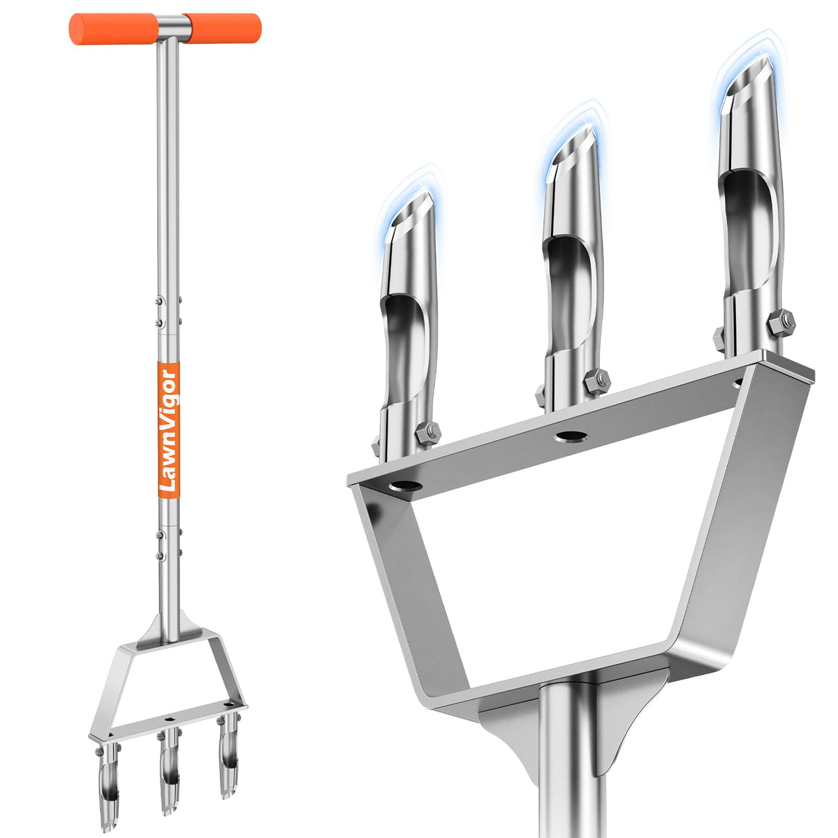 LawnVigor manual core aerator with 3 hollow tines for deeper soil penetration and better nutrient access