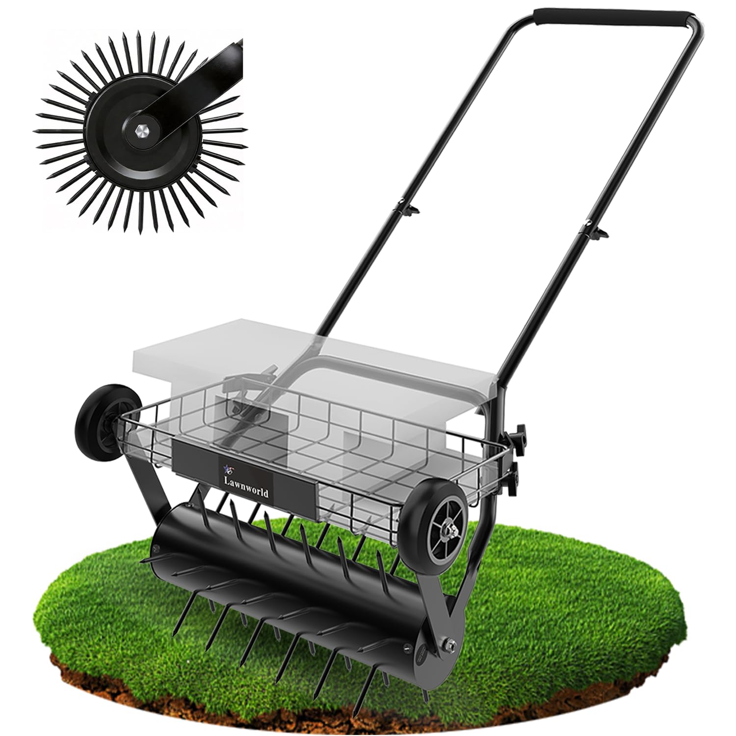 Lawnworld 16-inch aerator drum ready for deep soil penetration for healthier turf.