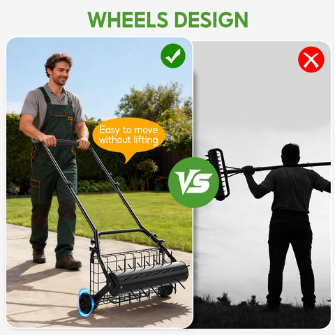 Lawnworld 16-inch wide coverage accelerates lawn aeration with fewer passes.