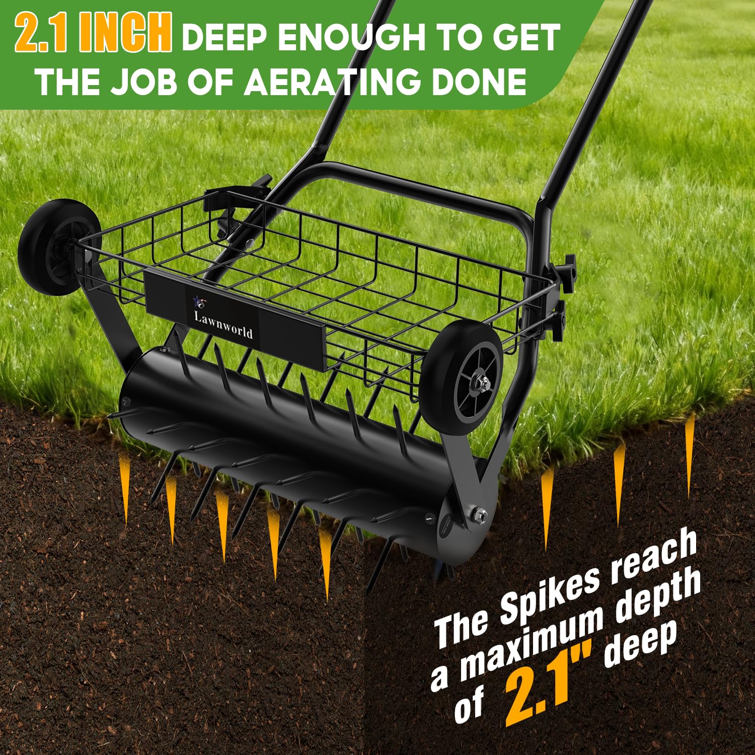 Lawnworld 39 spikes close-up demonstrates effective core penetration into compacted soil.