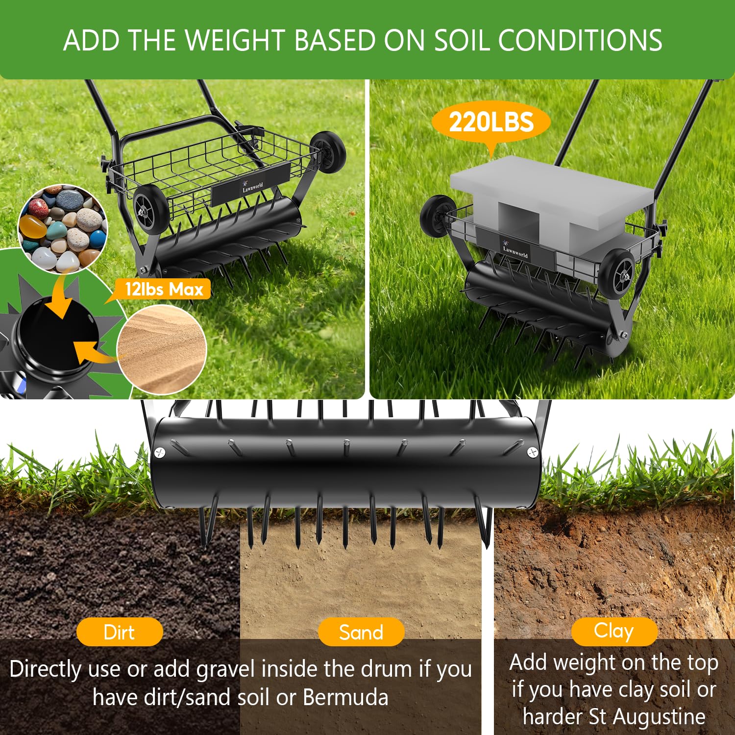 Lawnworld dual-weight system with fillable drum increases pressure for deeper aeration.