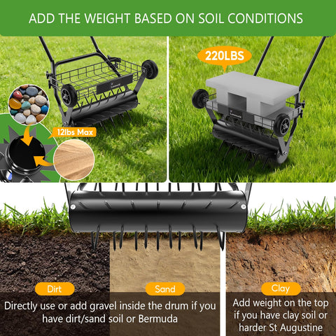 Lawnworld dual-weight system with fillable drum increases pressure for deeper aeration.