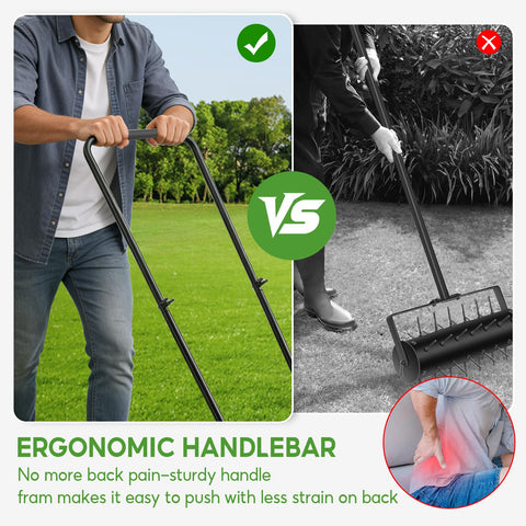Lawnworld support wheels keep the aerator balanced during push or pull moves.