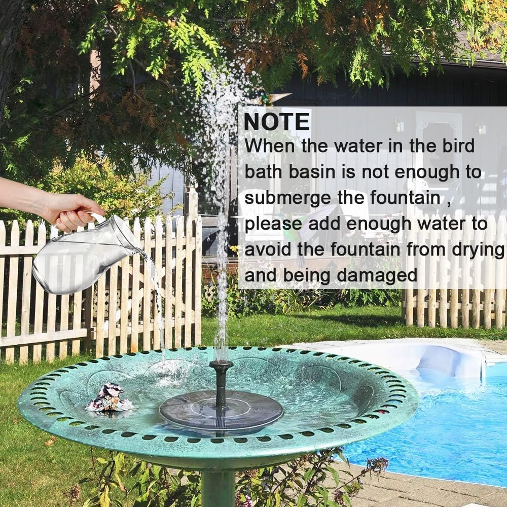 LAWOHO solar fountain showing 12-18 inch spray height in bright sunlight