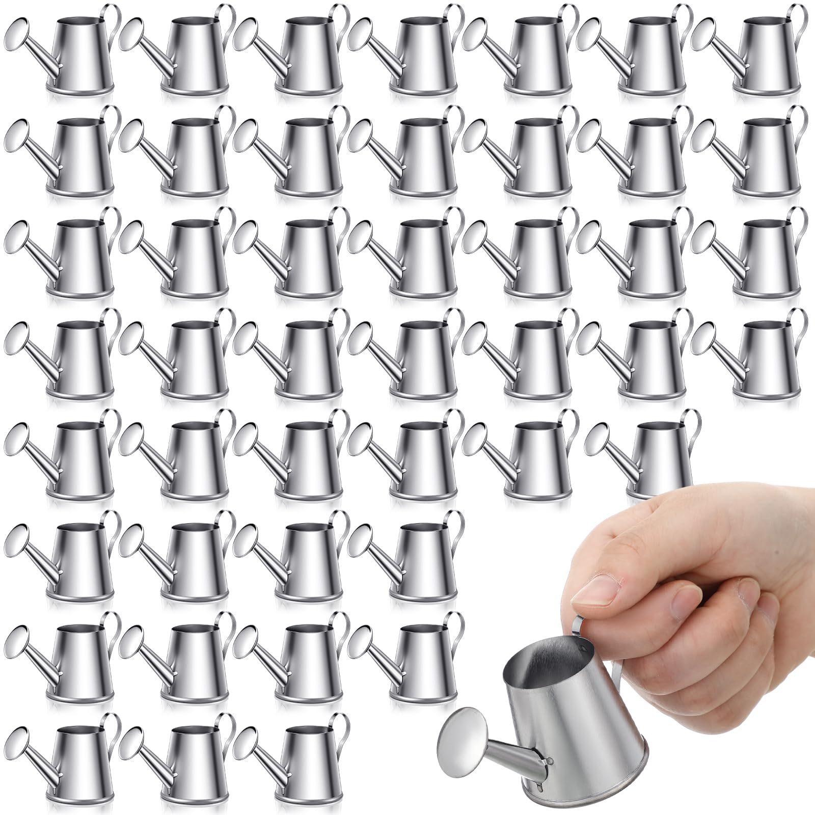 Layhit mini watering can in silver, pack of 50, ideal for gifting and micro garden decor.
