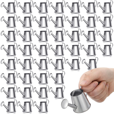 Layhit mini watering can in silver, pack of 50, ideal for gifting and micro garden decor.
