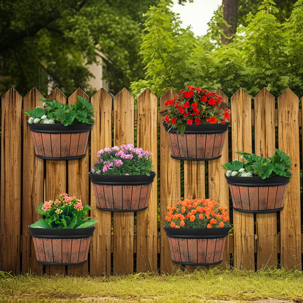 Layhit wine barrel wall hanging planter front view shows rustic outdoor appeal.