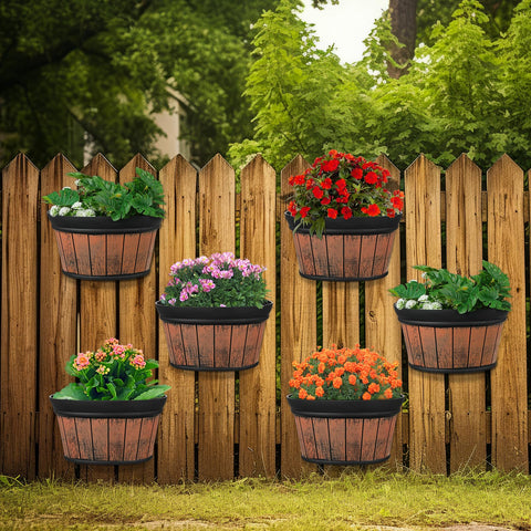 Layhit wine barrel wall hanging planter front view shows rustic outdoor appeal.