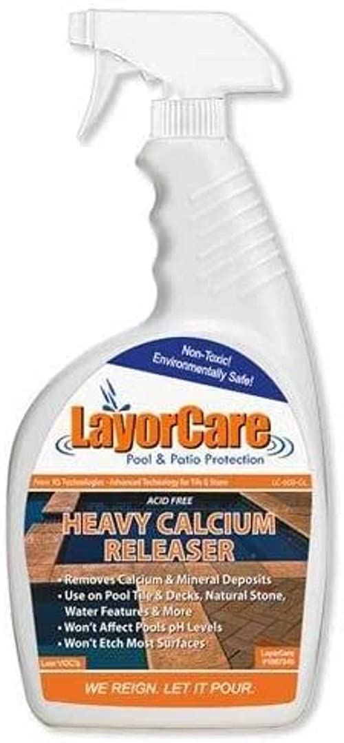 LayorCare Heavy Calcium Releaser bottle close-up for calcium removal on surfaces.