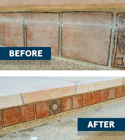 LayorCare Heavy Calcium Releaser on pool tile before cleaning heavy buildup.
