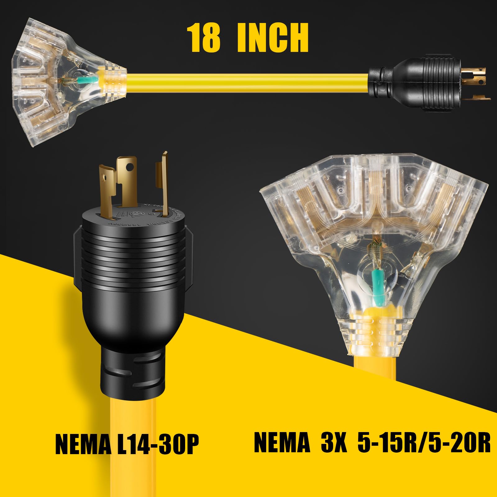 LAZMUMI generator adapter feeding three 5-20R receptacles for versatile use
