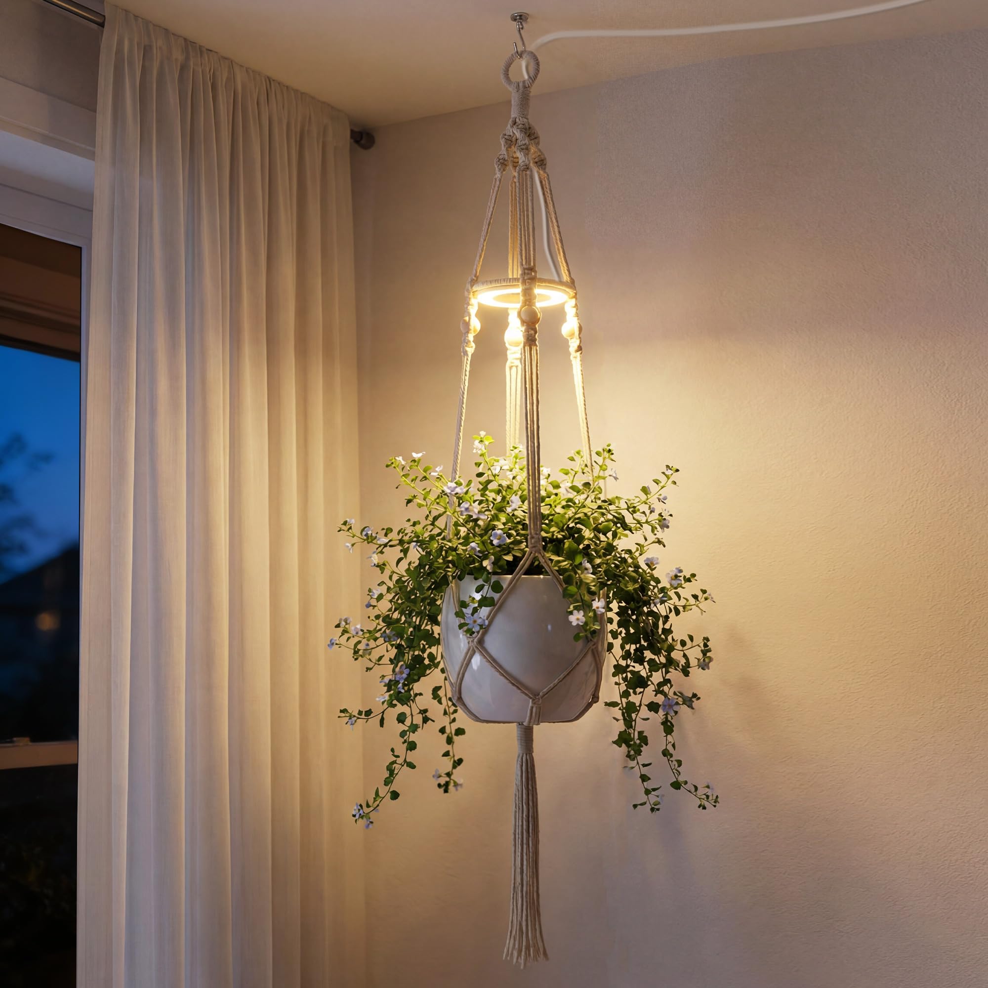 Lazukes hanging grow light in macrame hanger boosts ambiance and helps plants thrive