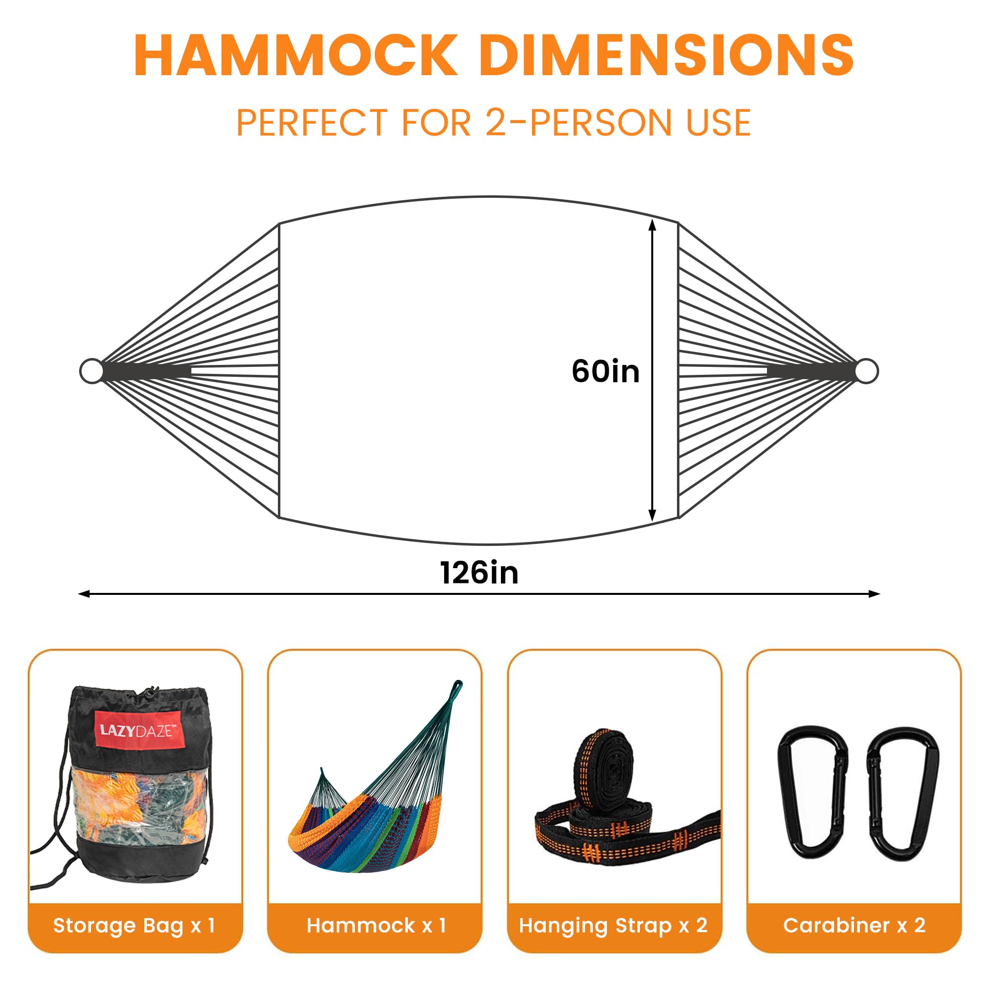 Lazy Daze hammock includes two straps and two carabiners for quick setup