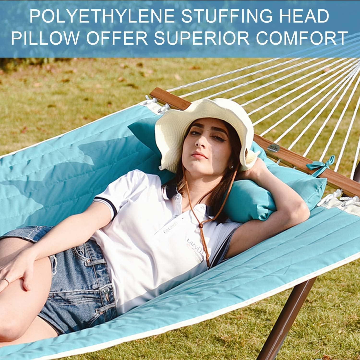 Detachable pillow from Lazy Daze hammock in blue for neck comfort outdoors