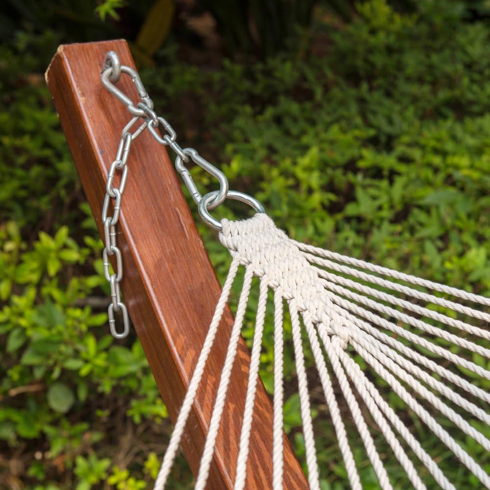Lazy Daze hand-woven cotton hammock showcases sturdy construction.