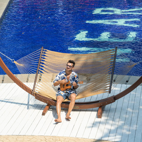 Lazy Daze Hammocks hand-woven polyester rope delivers durable, knot-free comfort.