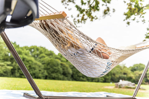 Lazy Daze includes chains and S hooks for secure hanging outdoors.