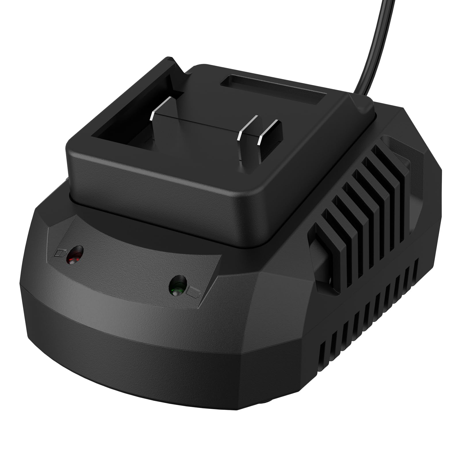 LAZYBOI 21V charger front view showing compact, portable design for on-site charging.