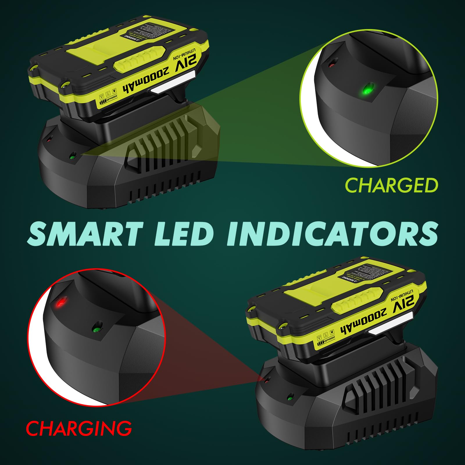 LAZYBOI 21V charger LED indicator shows charging vs full status for easy monitoring.