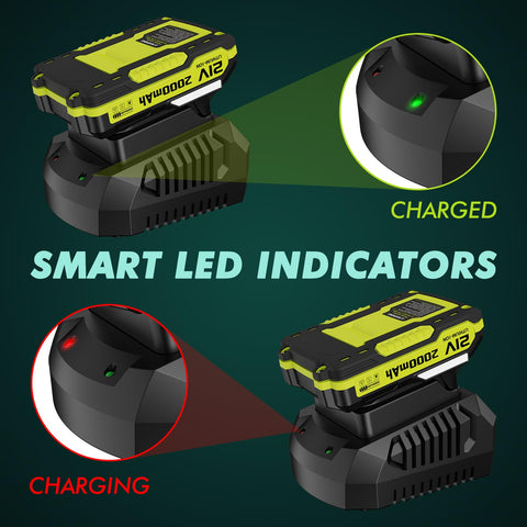 LAZYBOI 21V charger LED indicator shows charging vs full status for easy monitoring.