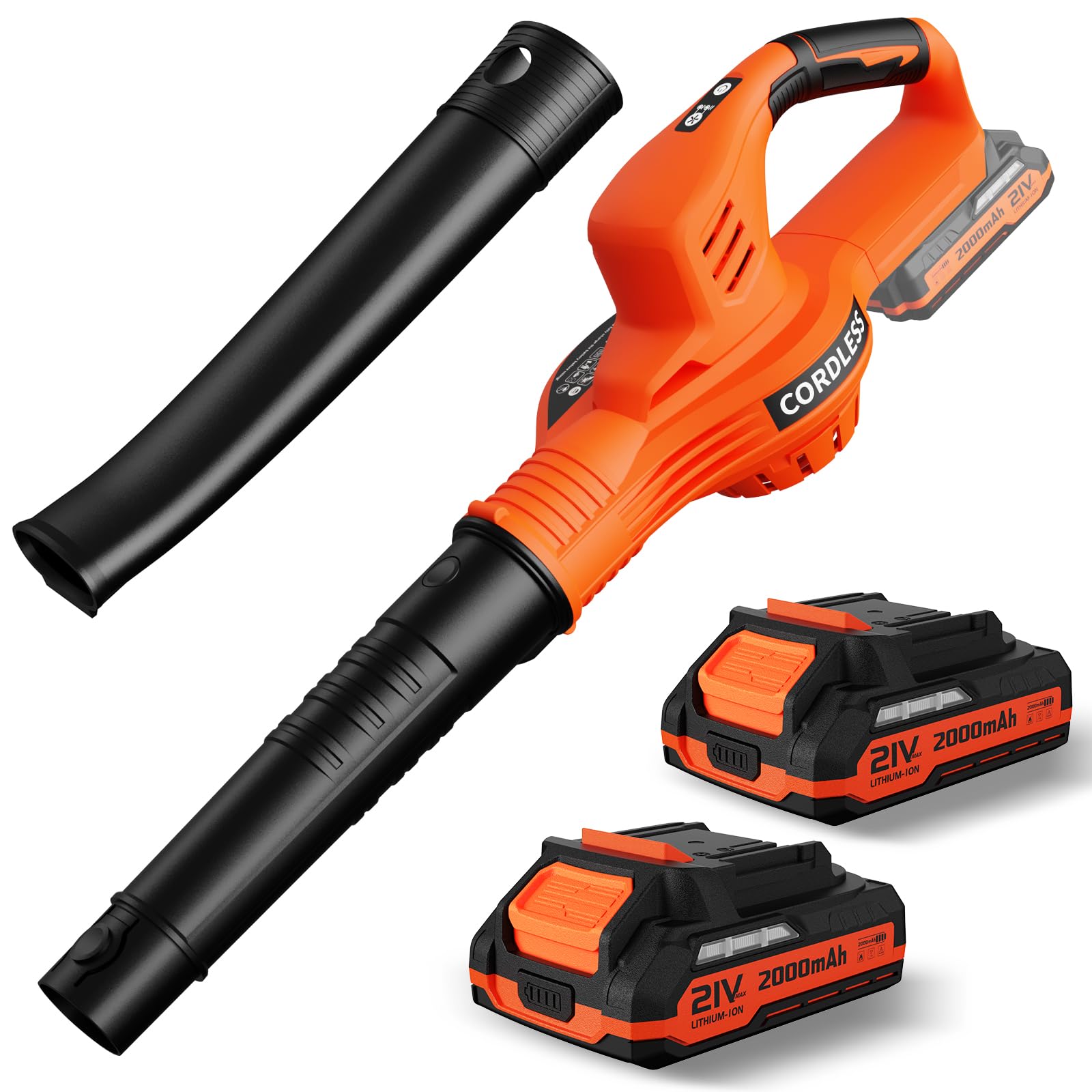 LAZYBOI leaf blower with two batteries and charger enables uninterrupted yard work.