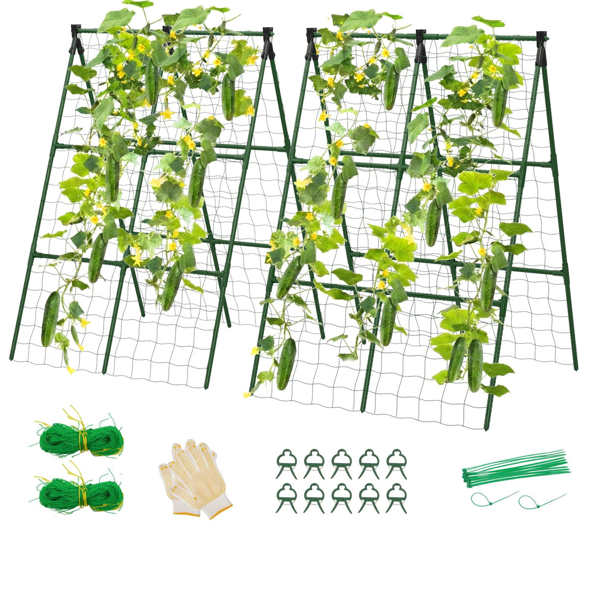 Lazzmonk cucumber trellis A-frame with dual climbing surfaces for vines.
