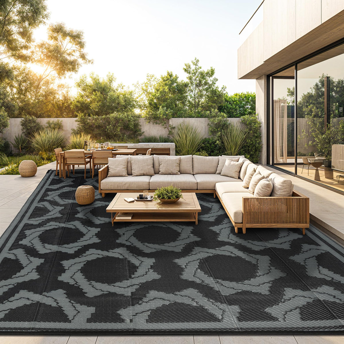 LBRO2M waterproof outdoor rug 8x10 on patio, durable and weather-ready
