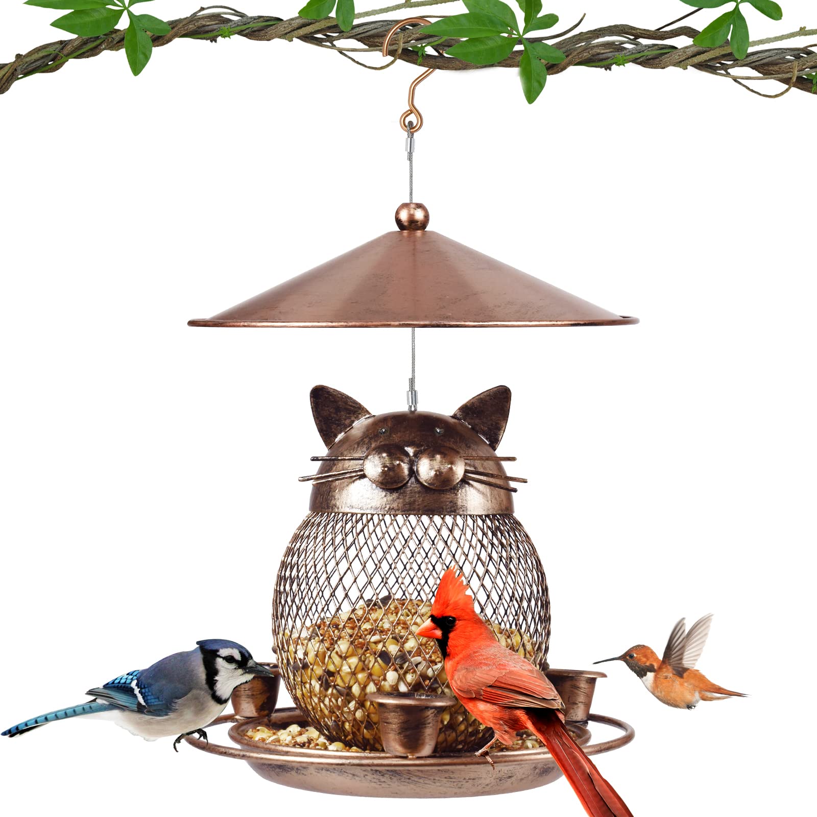 LBTING cat-shaped bronze bird feeder attracts birds and enhances garden charm.
