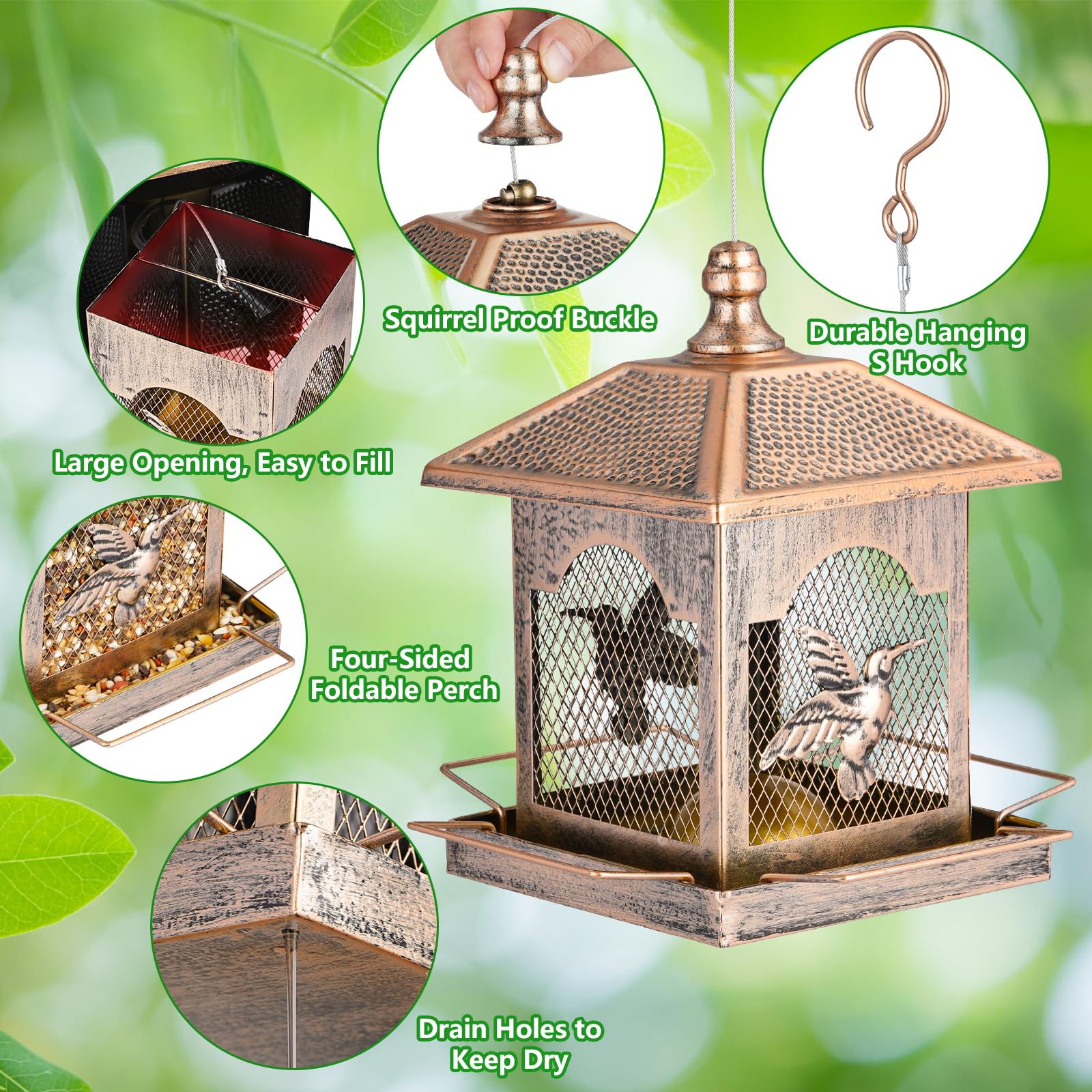 LBTING Bird Feeder large capacity seed hopper supports longer visits.