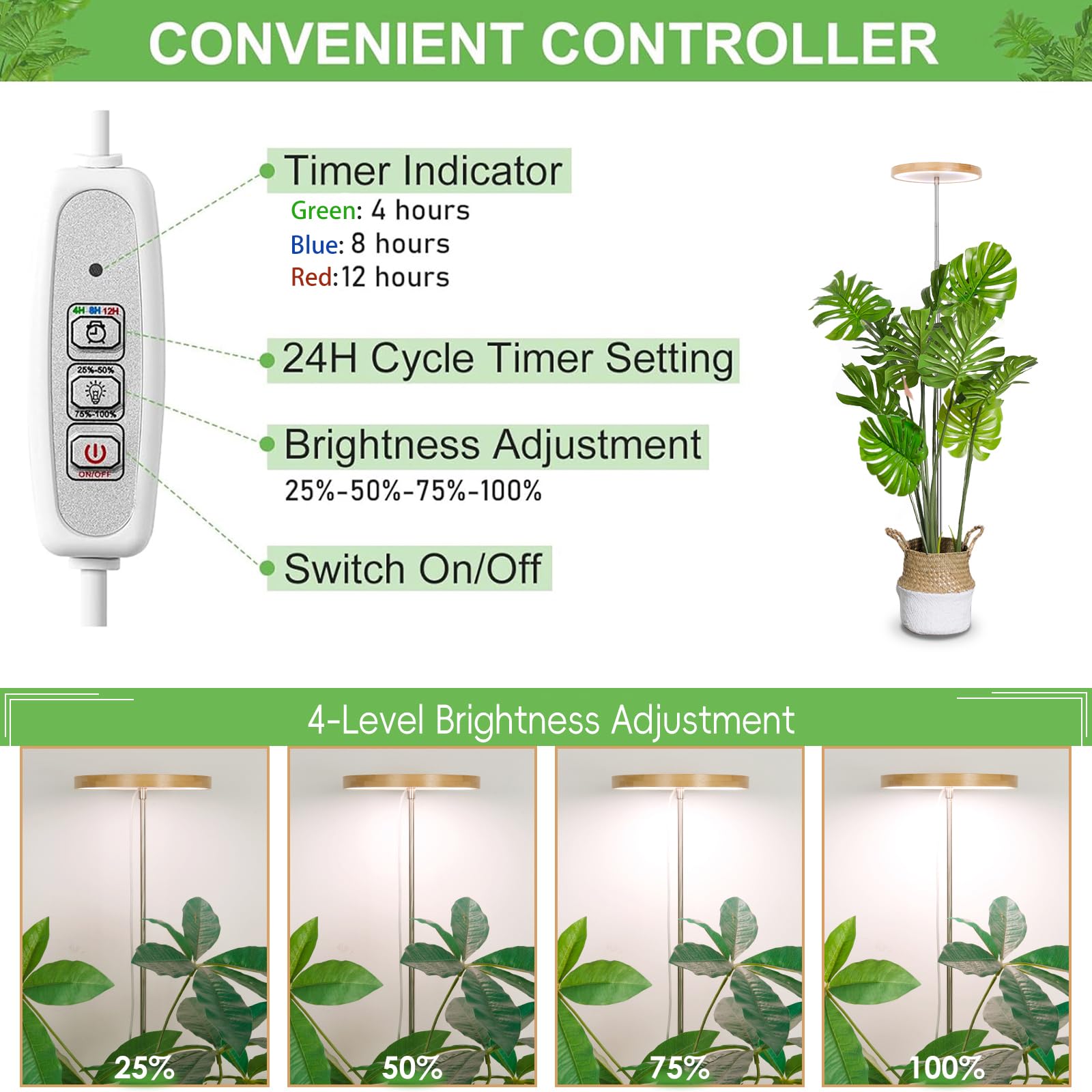 LBW bamboo grow light timer feature with 4H/8H/12H cycles