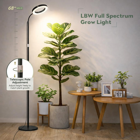 LBW floor grow light height adjustment accommodates tall plants up to 68 inches.